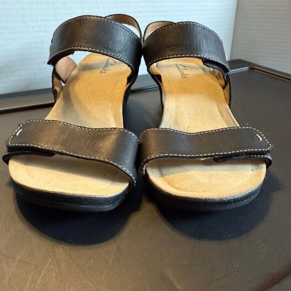 Clarks Leather Wedge Sandals Black Strappy Slingback 7W Comfort Shoes - Picture 3 of 10